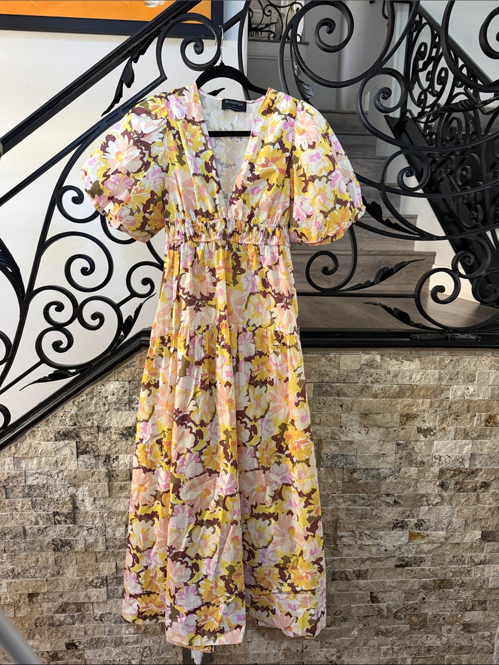 MinkPink Floral Puff-Sleeve Maxi Dress in Yellow and Pink